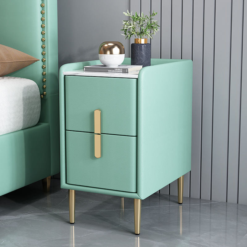 Contemporary Nordic Pine Leather Sintered Stone Nightstand 2 - Drawer For Bedroom