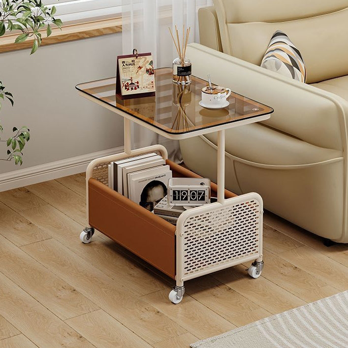 Contemporary Nordic Stainless Steel Leather Glass Side Table 4 - Wheel For Living Room