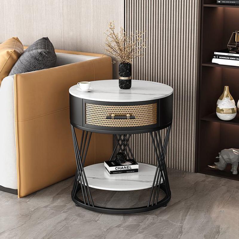 Contemporary Nordic Round Sintered Stone Iron Side Table 1 - Drawer For Living Room