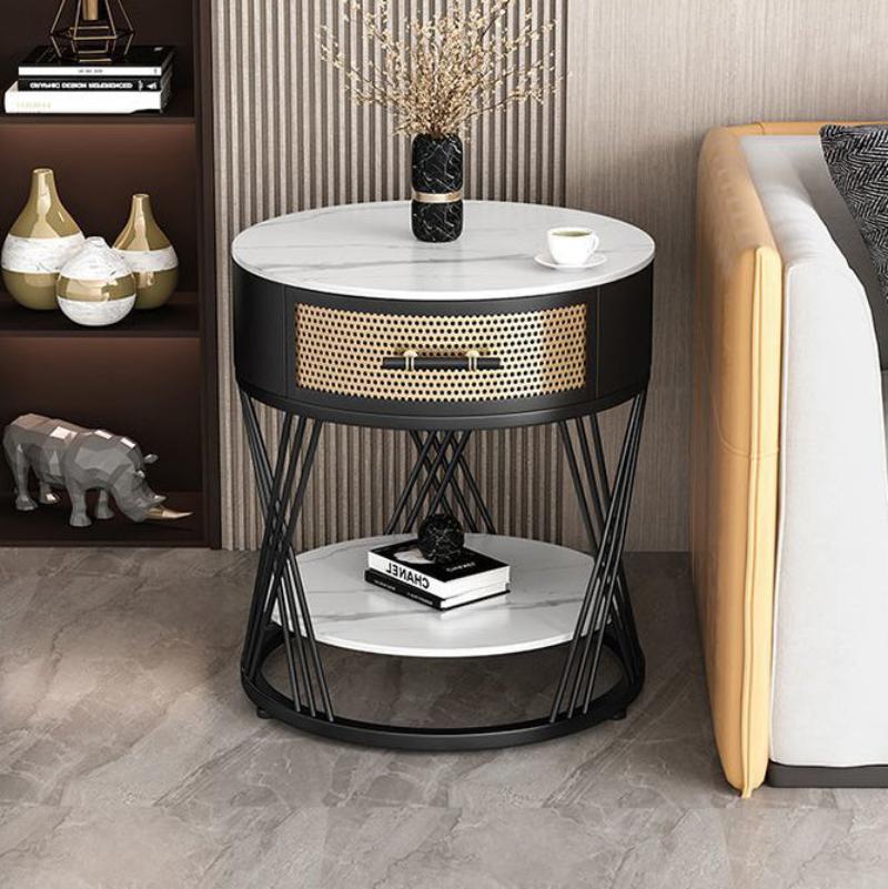 Contemporary Nordic Round Sintered Stone Iron Side Table 1 - Drawer For Living Room