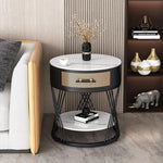 Contemporary Nordic Round Sintered Stone Iron Side Table 1 - Drawer For Living Room