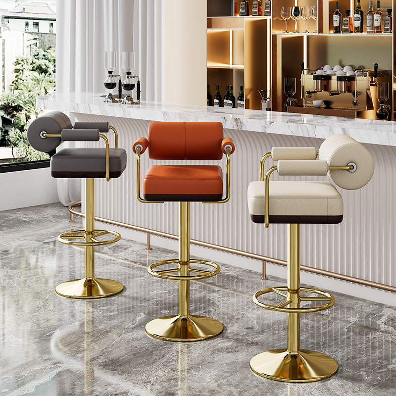 Modern Minimalist Square Upholstered Cylinder Backrest Leather Metal Bar Stool Armrest Footrest For Dining Room