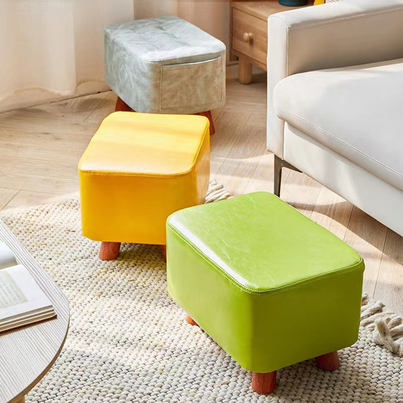 Contemporary Creative Rectangular Leather Wood Footstool Backless Armless For Living Room