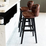 Contemporary Luxury Round Fabric Oil Wax Leather Rubber Wood Bar Stool Low Back Footrest For Dining Room