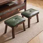 Traditional Vintage Leather Upholstered Wooden Frame Rectangle Low Stool For Living Room