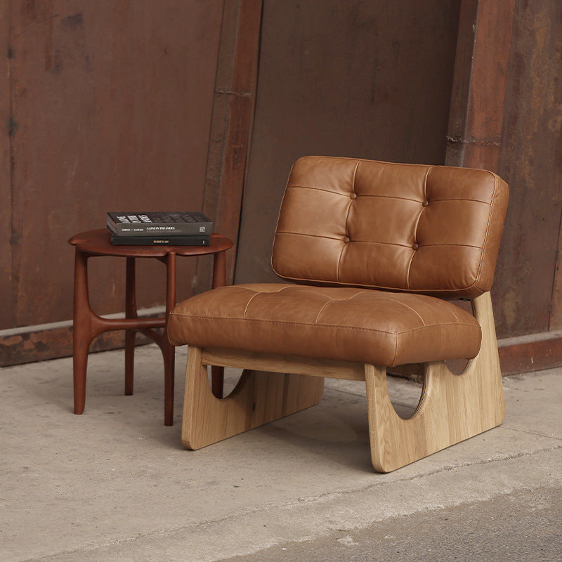 Traditional Japanese Wabi-Sabi Rectangle Square Leather Fabric Lambswool Wood Accent Chair Backrest For Living Room