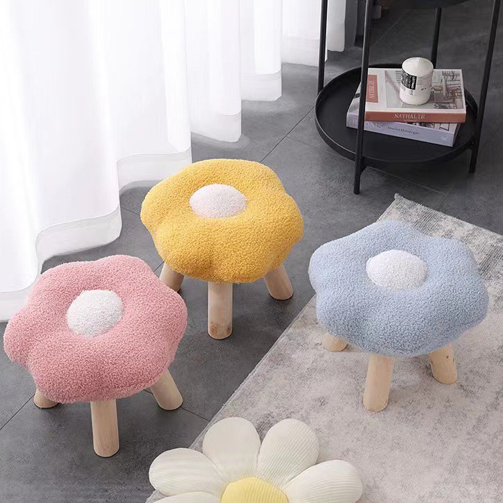 Contemporary Creative Wood Lambswool Cotton Flower Footstool Backless For Entryway