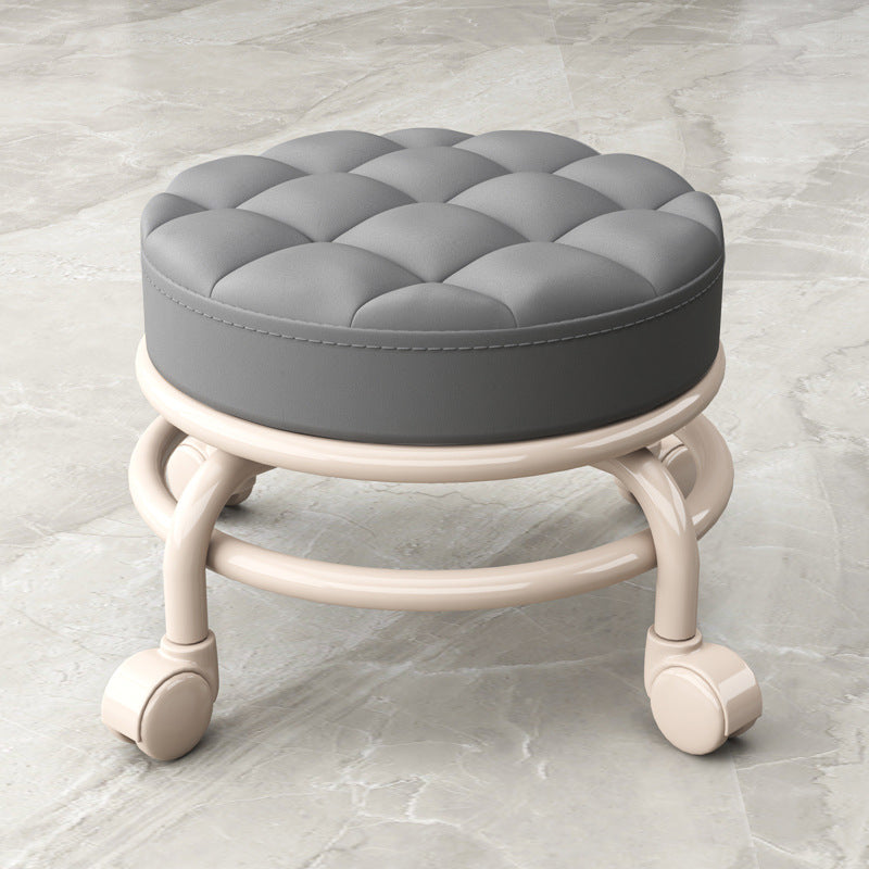 Modern Simplicity Leather Wood Metal Sponge Round Checkered Low Stool Backrest Movable For Living Room