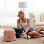 Contemporary Nordic Linen Fabric Wood Sponge Round Cylinder Footstool Portable For Entryways