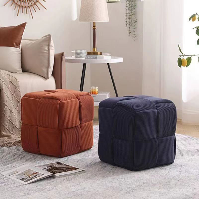 Contemporary Scandinavian Corduroy Wood Sponge Cube Rectangular Low Stool For Living Room