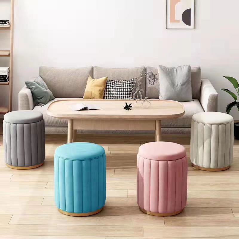 Contemporary Scandinavian Velvet Wood Stainless Steel Sponge Round Vanity Stool Containable For Bedroom