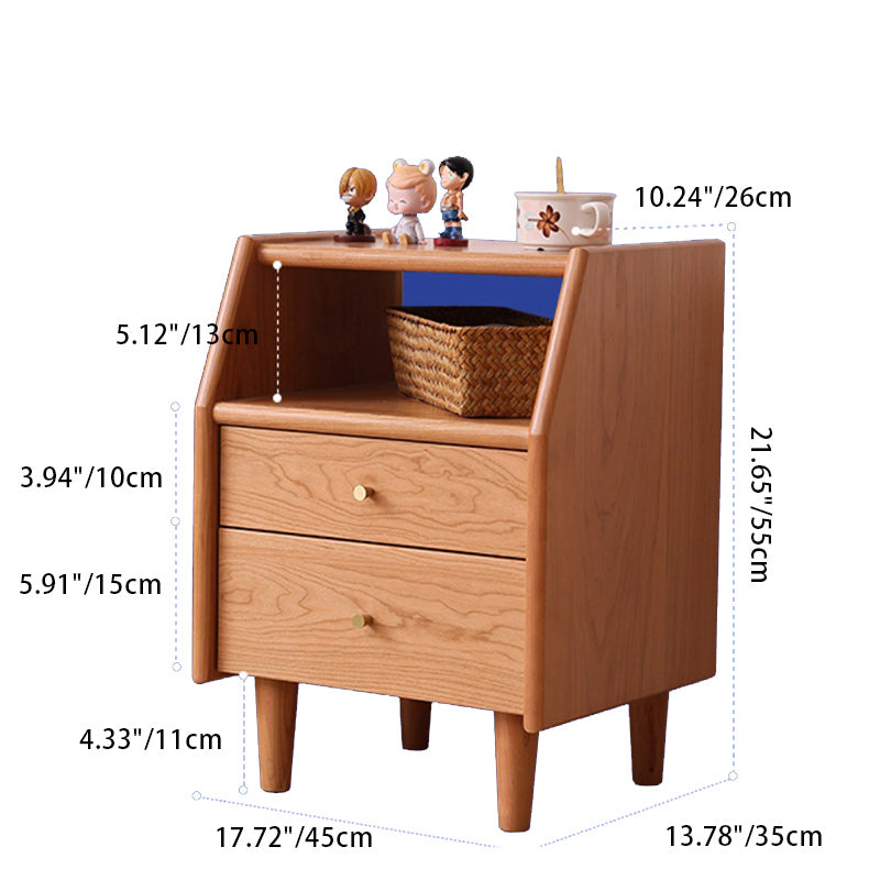 Traditional Japanese Trapezoidal Rectangular Solid Wood Nightstand 2-Tier 2-Drawer For Bedroom