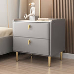 Modern Luxury Rectangular Cylinder Base Rock Slab Leather Solid Wood Carbon Steel Nightstand 2-Drawer For Bedroom