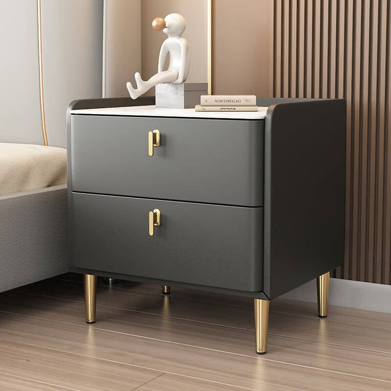 Modern Luxury Rectangular Cylinder Base Rock Slab Leather Solid Wood Carbon Steel Nightstand 2-Drawer For Bedroom