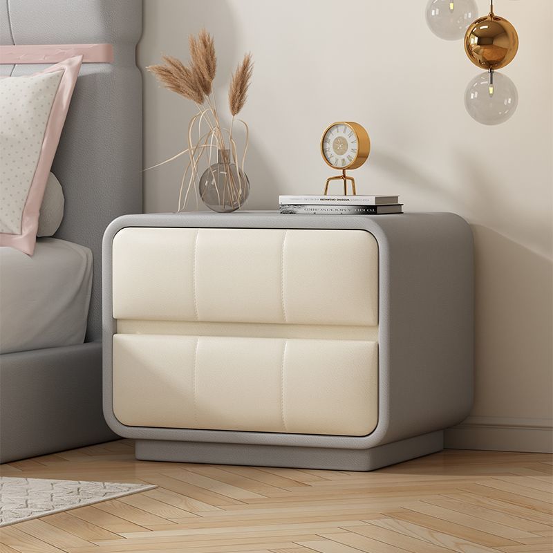 Modern Minimalist Rectangular Round Corner Microfiber Leather Wooden Nightstand 2-Drawer For Bedroom