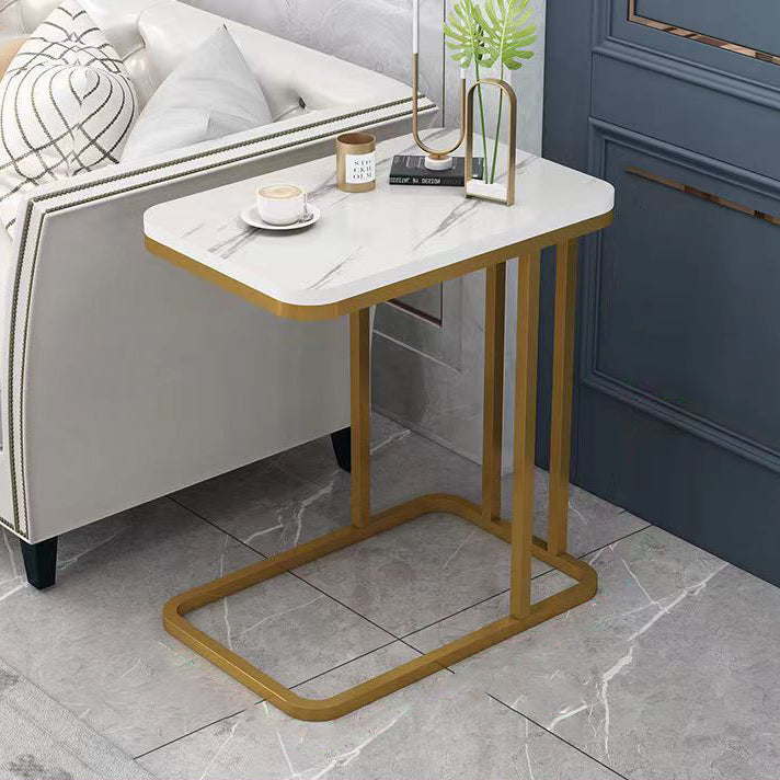 Modern Minimalist Rectangular Round Corner Marble Grain Density Board Steel Frame End Table 1/2 Tier For Living Room