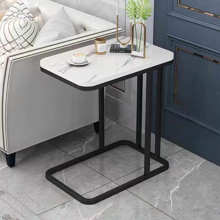 Modern Minimalist Rectangular Round Corner Marble Grain Density Board Steel Frame End Table 1/2 Tier For Living Room