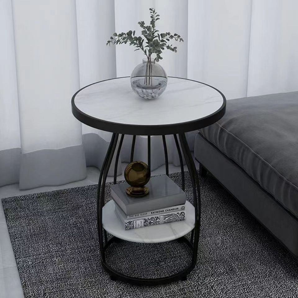 Contemporary Luxury Round Rock Slab Iron End Table 2-Tier For Living Room