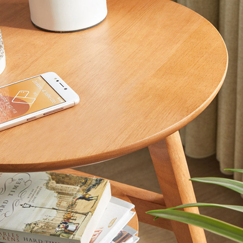 Modern Minimalist Round Tabletop Solid Wood End Table 2-Tier For Living Room