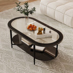 Traditional Vintage Oval Tempered Glass Tabletop Carbon Steel Coffee Table 2-Tier For Living Room