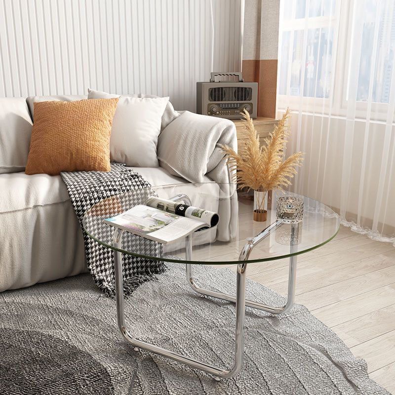 Contemporary Scandinavian Round Glass Stainless Steel Coffee Table 1-Tier For Living Room