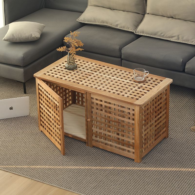 Contemporary Scandinavian Rectangular Lattice Solid Wood Side Table 2-Tier For Living Room