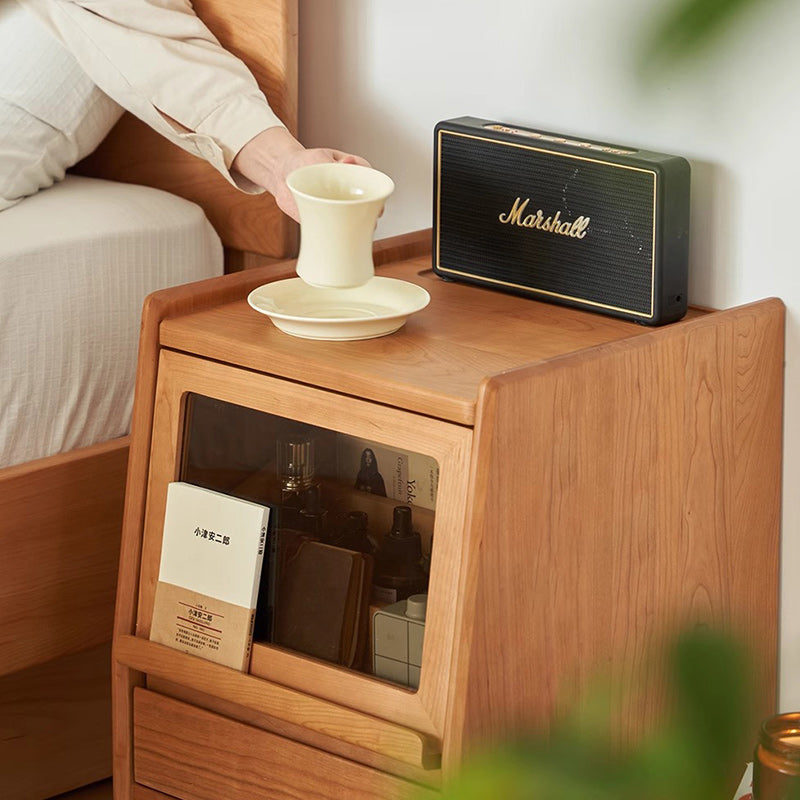 Traditional Japanese Rectangular Solid Wood Nightstand 2-Drawer For Bedroom