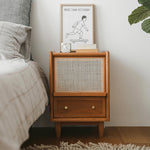 Contemporary Scandinavian Square Rectangular Rattan Solid Wood Nightstand 2-Drawer For Bedroom
