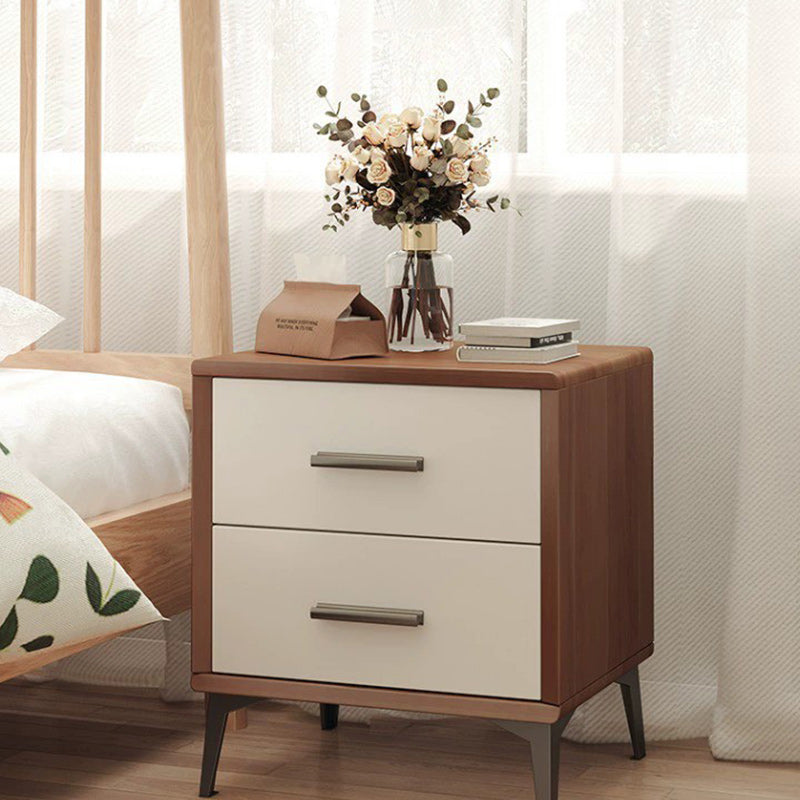 Modern Minimalist Square Rectangular Solid Wood Iron Nightstand 2-Drawer For Bedroom