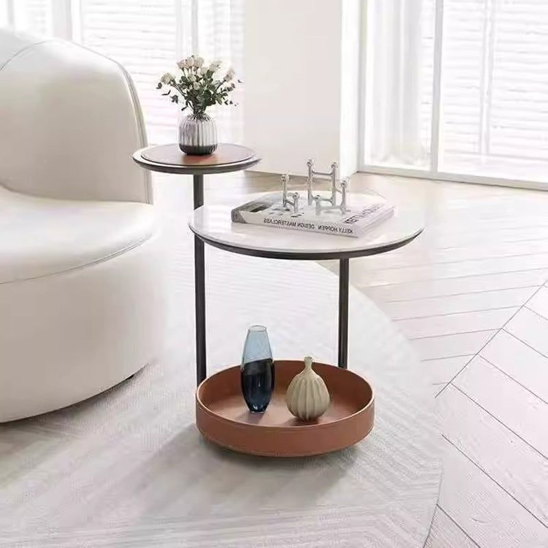 Contemporary Creative Round Cylinder Leather Marble Metal Side Table 2-Tier For Living Room