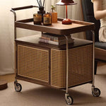 Traditional Vintage Rectangular Solid Wood Rattan Stainless Steel Side Table 2/3 Tier For Living Room