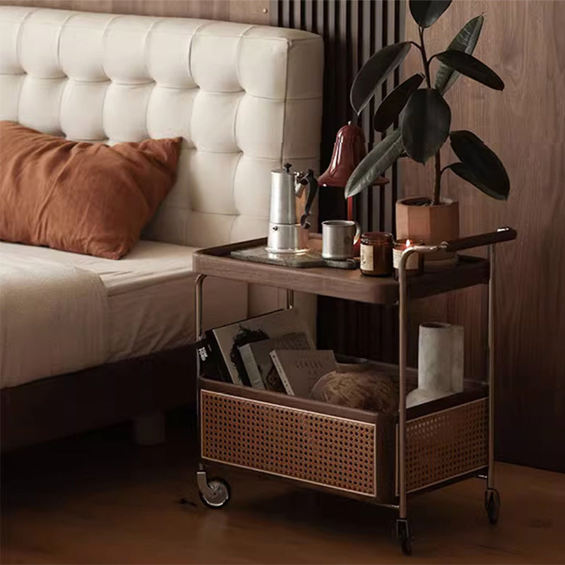 Traditional Vintage Rectangular Solid Wood Rattan Stainless Steel Side Table 2/3 Tier For Living Room