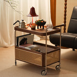 Traditional Vintage Rectangular Solid Wood Rattan Stainless Steel Side Table 2/3 Tier For Living Room