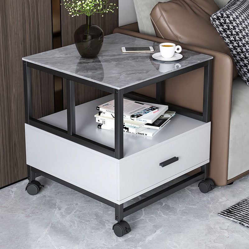 Modern Minimalist Square Rectangular Rock Slab Solid Wood Metal Side Table 2-Tier For Living Room