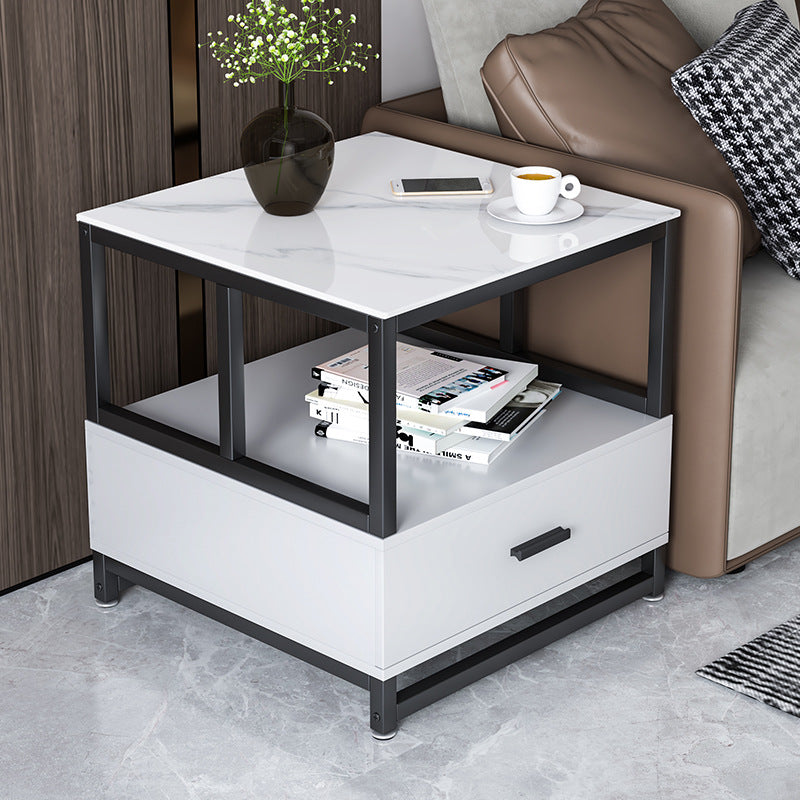 Modern Minimalist Square Rectangular Rock Slab Solid Wood Metal Side Table 2-Tier For Living Room