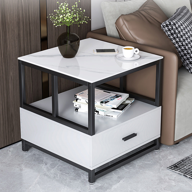 Modern Minimalist Square Rectangular Rock Slab Solid Wood Metal Side Table 2-Tier For Living Room