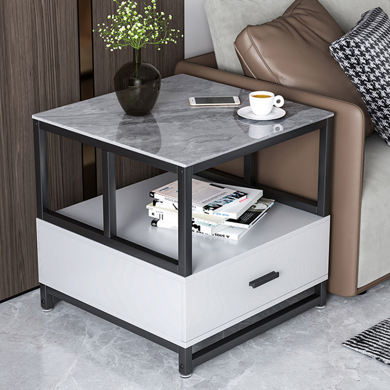 Modern Minimalist Square Rectangular Rock Slab Solid Wood Metal Side Table 2-Tier For Living Room