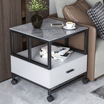 Modern Minimalist Square Rectangular Rock Slab Solid Wood Metal Side Table 2-Tier For Living Room