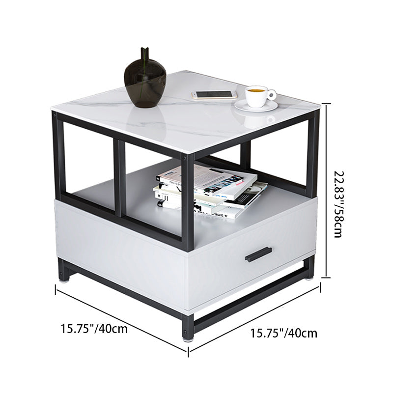 Modern Minimalist Square Rectangular Rock Slab Solid Wood Metal Side Table 2-Tier For Living Room