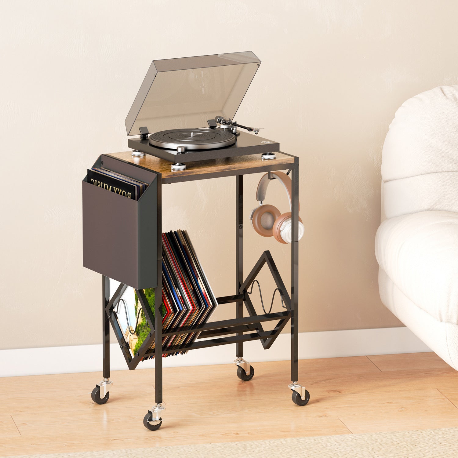 Traditional Vintage Rectangle Square Frame V-Shelf Solid Wood Carbon Steel Side Table 2-Tier For Living Room