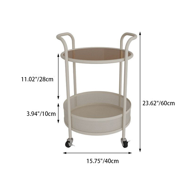 Contemporary Simplicity Round Glass Top Iron Storage Basket End Table Casters 2-Tier For Living Room