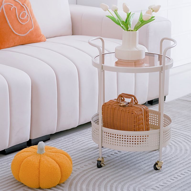 Contemporary Simplicity Round Glass Top Iron Storage Basket End Table Casters 2-Tier For Living Room