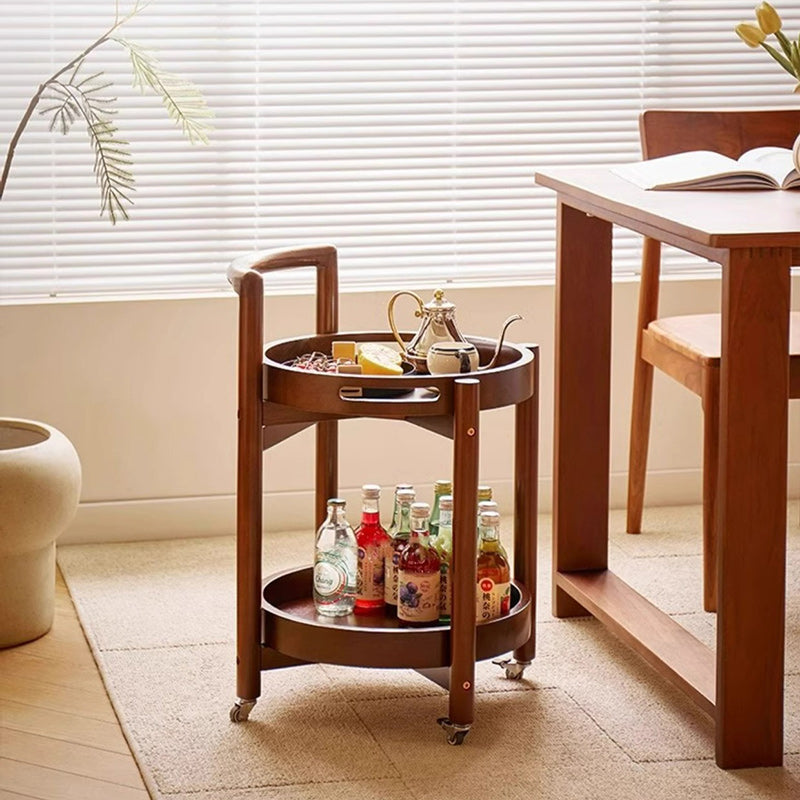 Traditional Vintage Round Solid Wood End Table 2-Tier Casters For Living Room