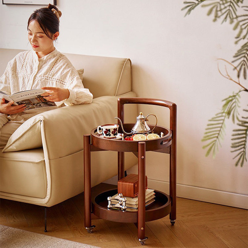 Traditional Vintage Round Solid Wood End Table 2-Tier Casters For Living Room