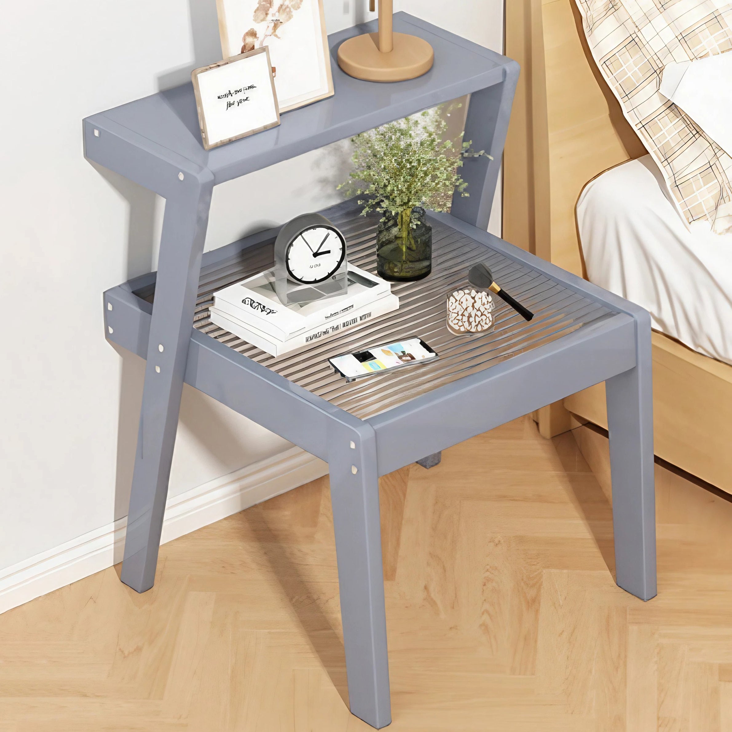 Modern Minimalist Square Wood Glass Nightstand 2-Tier For Bedroom