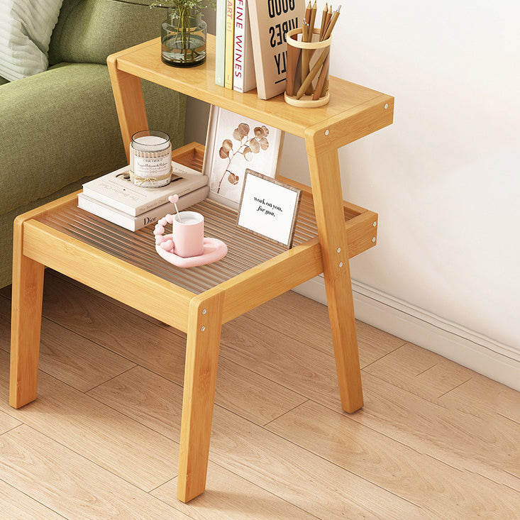 Modern Minimalist Square Wood Glass Nightstand 2-Tier For Bedroom