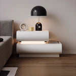 Modern Minimalist Cream Strip Light Double Rectangular Wood Rock Slab Nightstand 2-Drawer For Bedroom