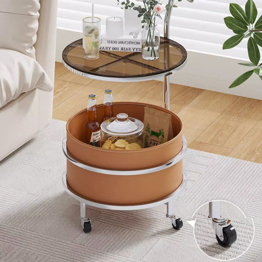 Modern Minimalist Cream Removable Round Glass Stainless Steel End Table 2-Tier For Living Room