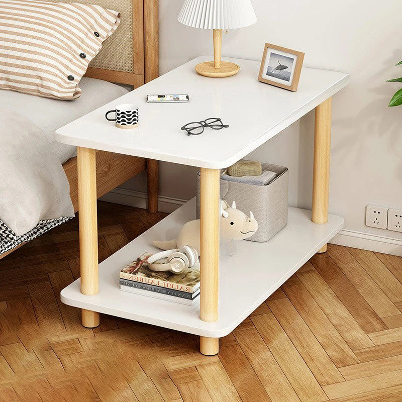 Modern Minimalist Square Rectangle Wood Rock Slab Side Table 2-Tier For Living Room