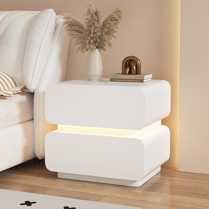 Contemporary Scandinavian Cream Sensor Light Square Wood Nightstand 2-Drawer For Bedroom